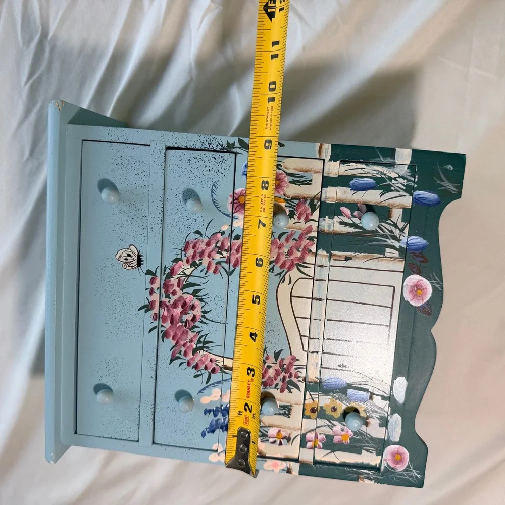 Hand Painted Wooden Jewelry Chest 4 Drawer Floral Garden Picket Fence Blue Box